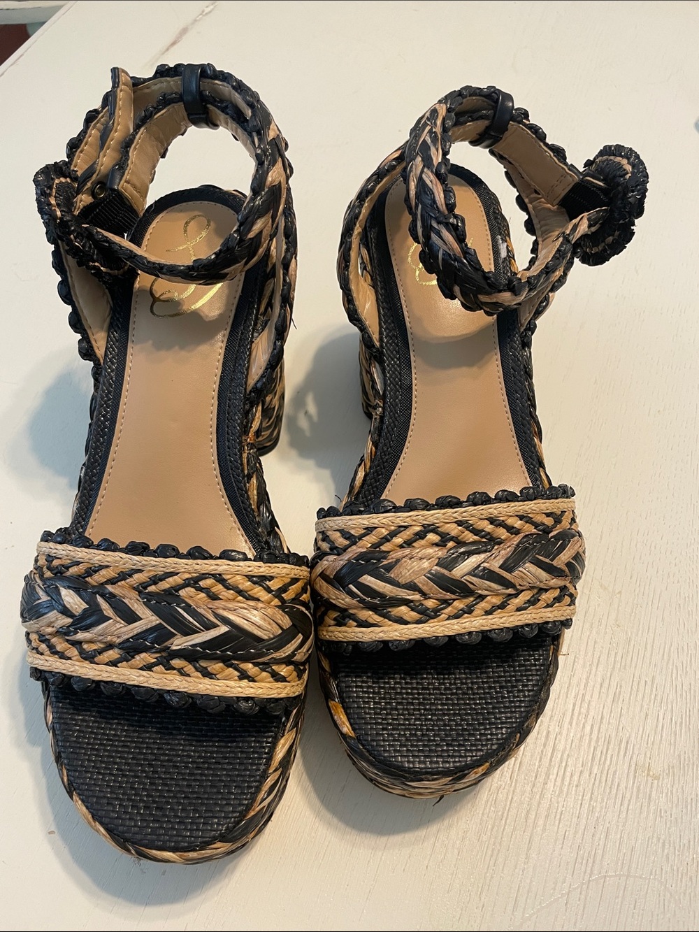 New Same Edelman Iliana Platform Sandal size 8 Black/ Natural Raffia - Picture 4 of 12